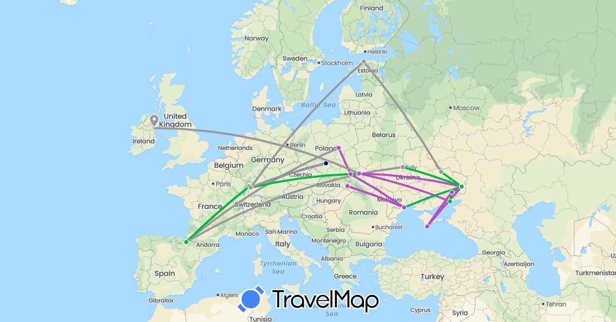 TravelMap itinerary: driving, bus, plane, train in Germany, Estonia, Spain, France, Ireland, Poland, Ukraine (Europe)